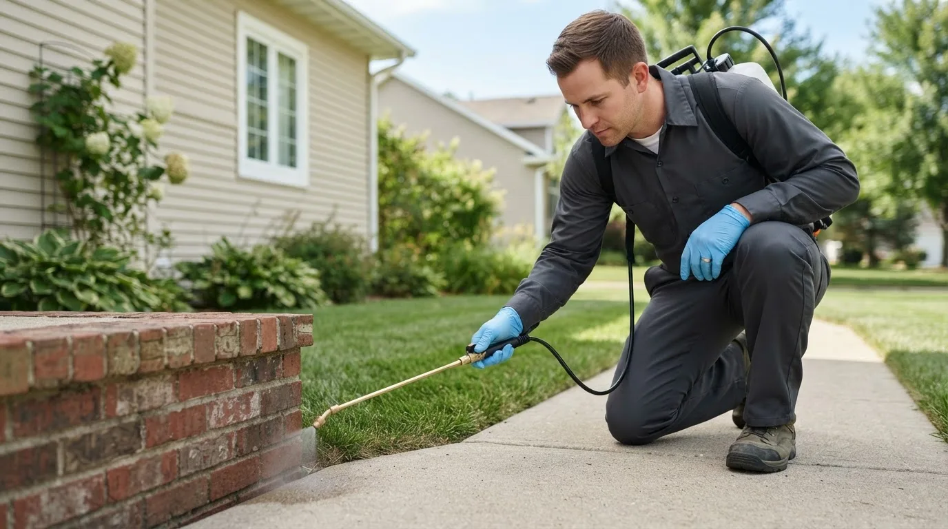 Pest control technician treating a home near Woodruff, UT